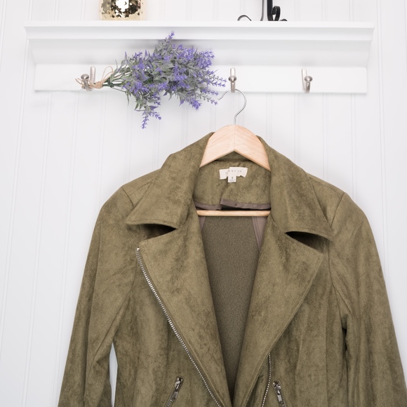 Faux Suede Moto Jacket in Olive Front Zippered - Picture 8 of 8